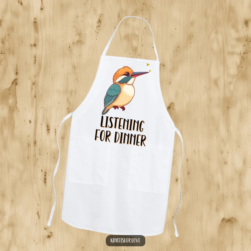 Funny Apron depicting a stylized kingfisher tilting its head, listening intently to a faint buzzing sound, ideal for cooking.