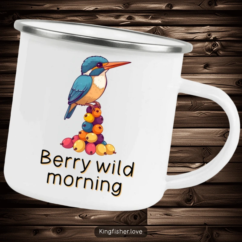 Funny Kingfisher Camping Mug: A durable camping mug featuring a kingfisher hilariously balancing colorful berries by a stream.