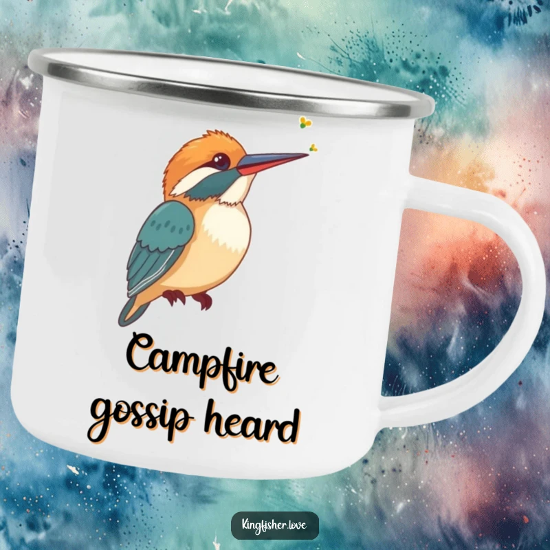 Funny Camping Mug of a stylized kingfisher tilting its head, listening intently to a faint buzzing sound, for outdoor use.