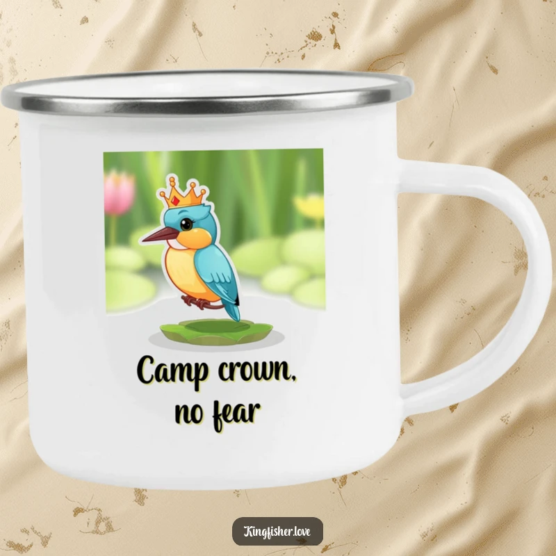 Funny camping mug with a kingfisher wearing a small crown, looking surprised on a lily pad, for humorous outdoor enjoyment.