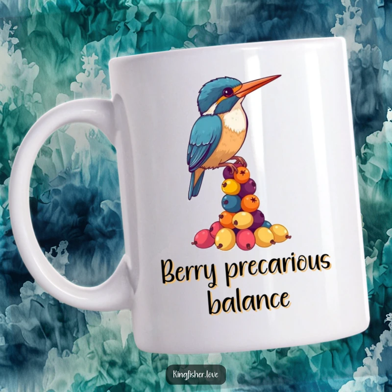 Funny Kingfisher Mug: A clumsy kingfisher precariously balances a tall stack of colorful berries, looking determined yet wobbly.