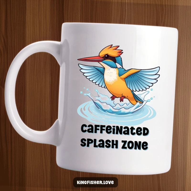Funny mug depicting a kingfisher rapidly flapping its wings, creating an energetic and playful splash of water around it.