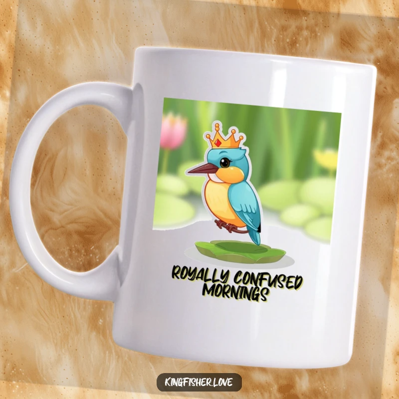 Funny mug with a small, comical crown on a kingfisher perched on a lily pad, looking comically surprised at the viewer.