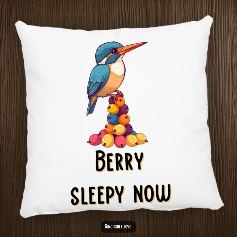 Funny Kingfisher Pillow: A plush pillow showcasing a cute kingfisher comically trying to balance a tower of berries.