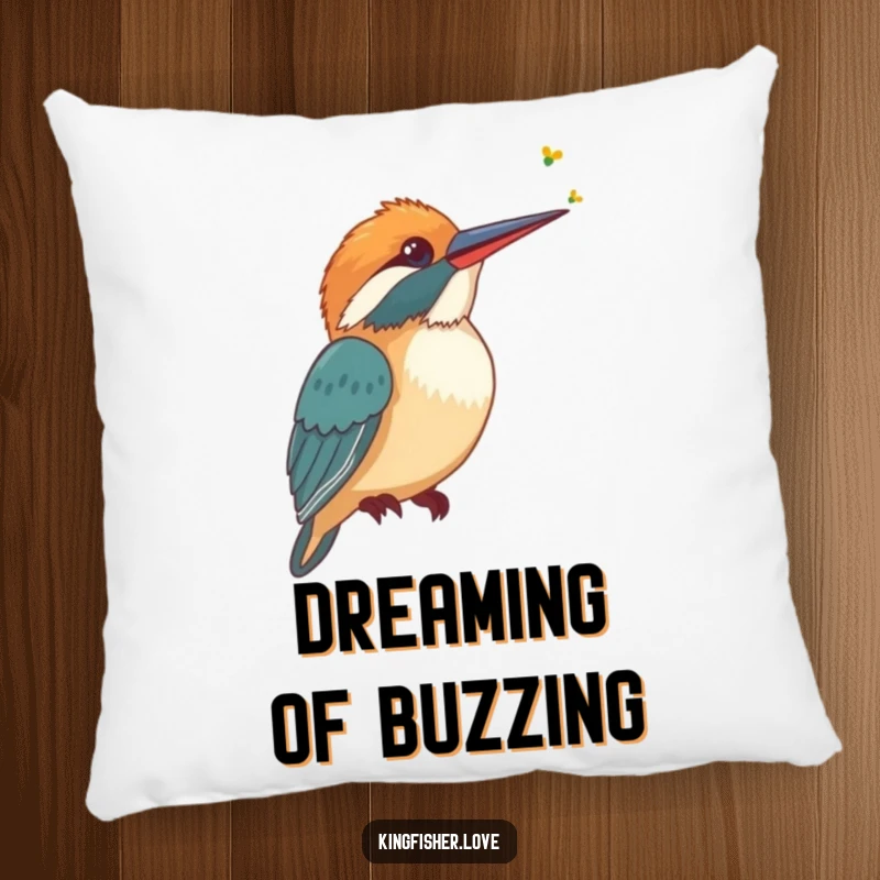 Funny Pillow featuring a stylized kingfisher tilting its head, listening intently to a faint buzzing sound, comfortable decor.