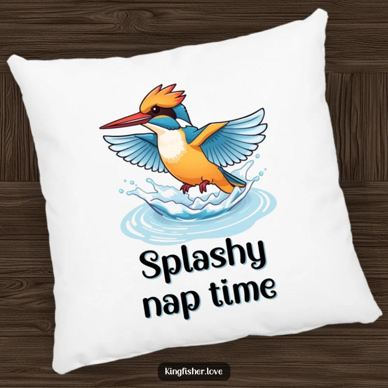 Funny pillow depicting a kingfisher rapidly flapping its wings, creating a playful splash of water, for cozy, energetic fun.