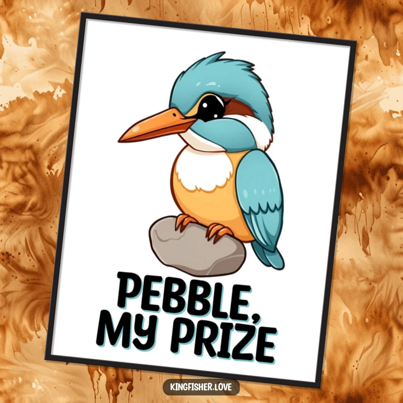 Funny digital art print of a kingfisher holding a shiny pebble in its beak, head tilted curiously, for humorous decor.