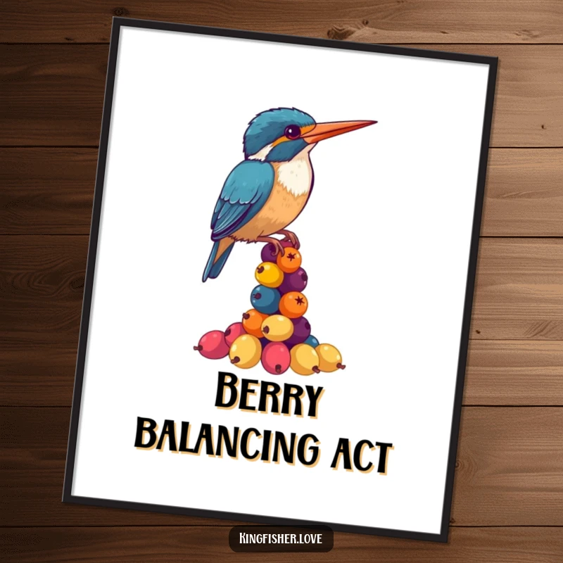 Funny Kingfisher Digital Art Print: A high-resolution image captures a kingfisher hilariously balancing a stack of berries, perfect for framing.