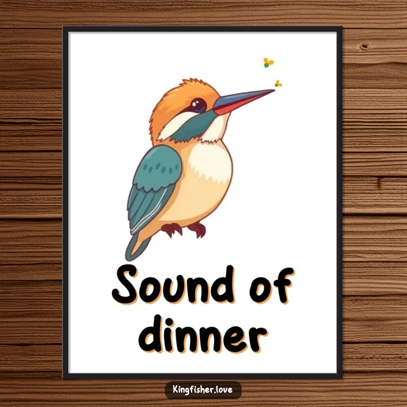 Funny Digital Art Print of a stylized kingfisher tilting its head, listening intently to a faint buzzing sound, for instant display.
