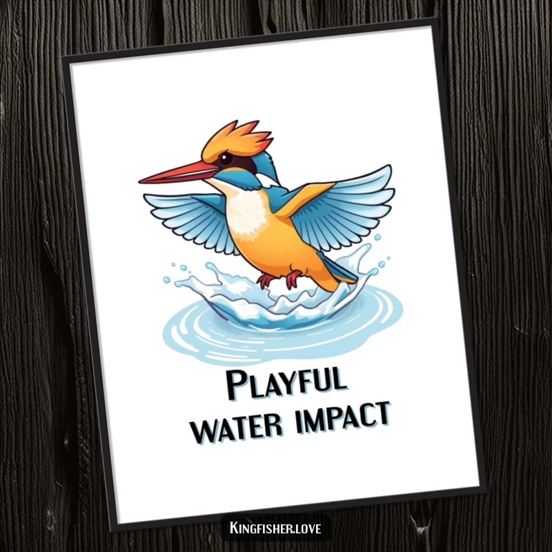 Funny digital art print of a kingfisher flapping its wings rapidly, creating an energetic and playful splash of water, for humorous decor.