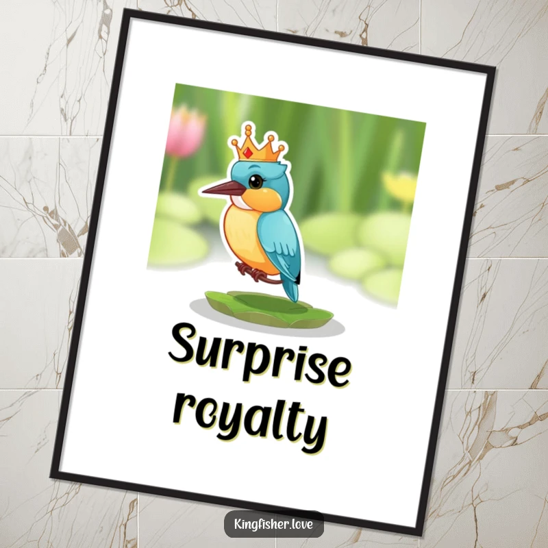 Funny digital art print of a kingfisher wearing a small, comical crown, looking surprised on a lily pad, adding humorous decor.