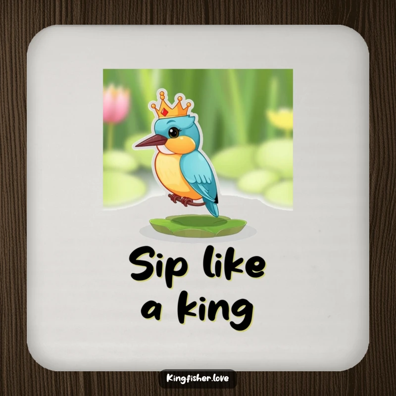 Funny drink coaster featuring a kingfisher with a tiny crown, looking surprised on a lily pad, for humorous surface protection.