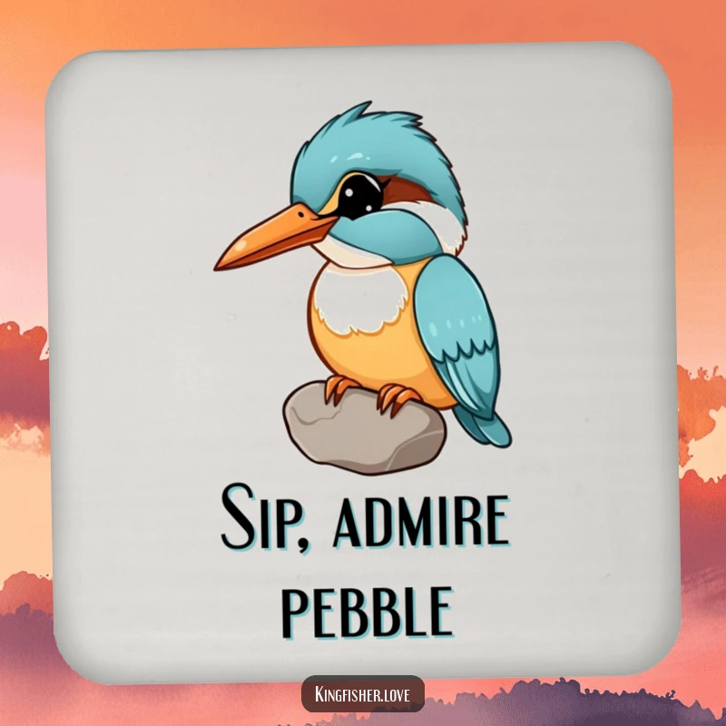 Funny drink coaster featuring a kingfisher holding a shiny pebble in its beak, head tilted curiously, for humorous surface protection.