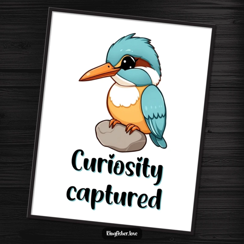 Funny poster of a kingfisher holding a shiny pebble in its beak, head tilted curiously, evoking a sense of wonder and humor.