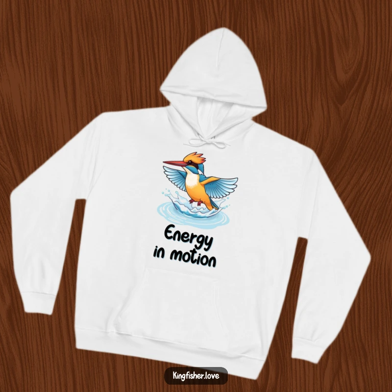 Funny hoodie showing a kingfisher rapidly flapping its wings, creating a playful splash of water, perfect for cozy, energetic vibes.