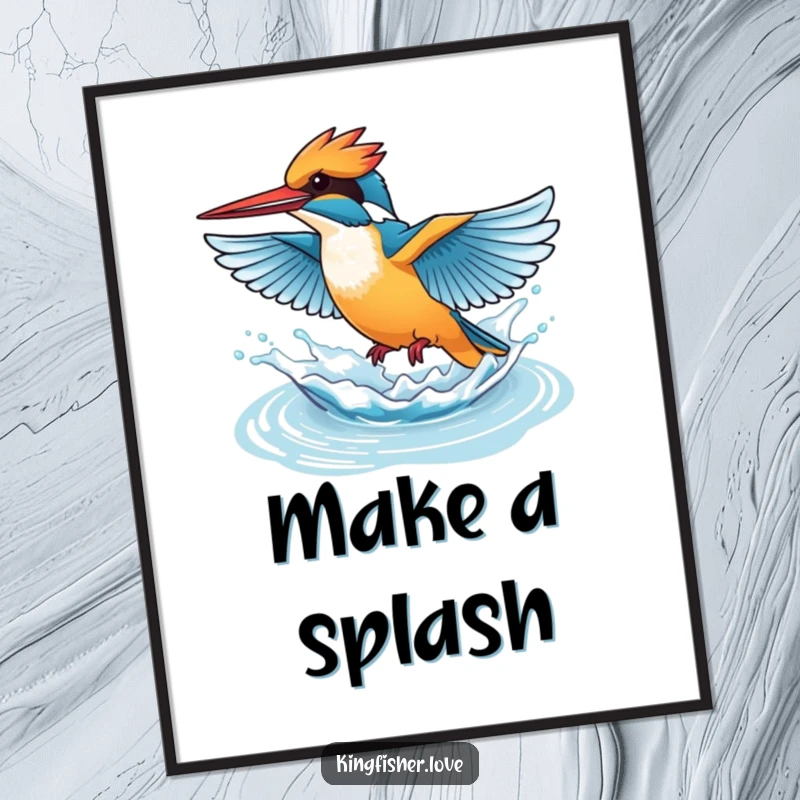 Funny Free Printable Wall Art depicting a kingfisher in mid-flight, wings a blur, making a delightful, energetic splash of water.