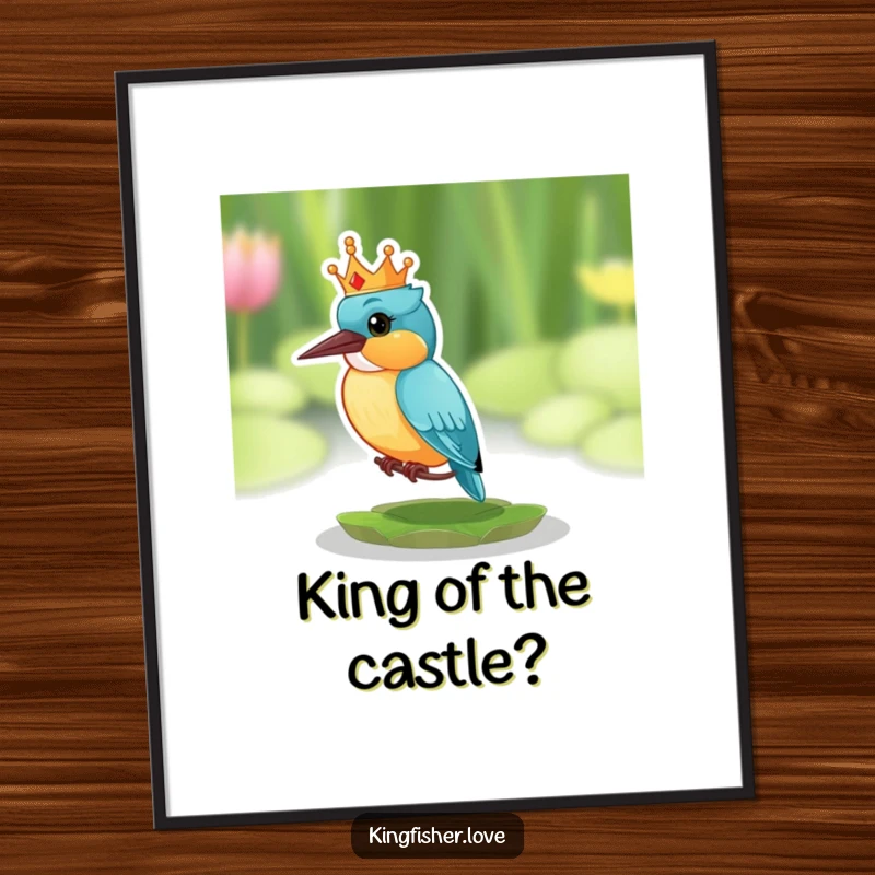 Funny Free Printable Wall Art of a kingfisher wearing a tiny, comical crown on a lily pad, with a look of pure surprise.