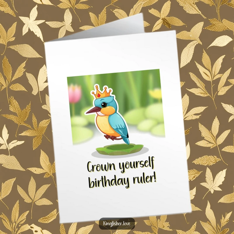 Funny Free Printable Birthday Card: A kingfisher wearing a tiny, comical crown sits on a lily pad, looking utterly surprised.