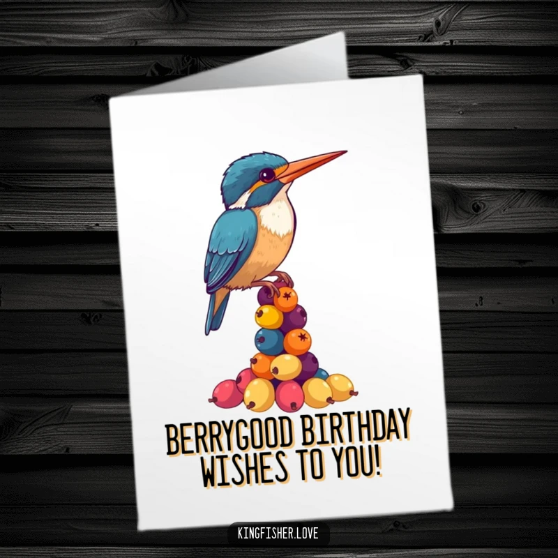 Funny Free Printable Birthday Card featuring a kingfisher hilariously balancing a wobbly stack of colorful berries.