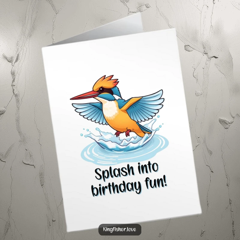 Funny Free Printable Birthday Card showing an energetic kingfisher flapping its wings, creating a lively splash of water.