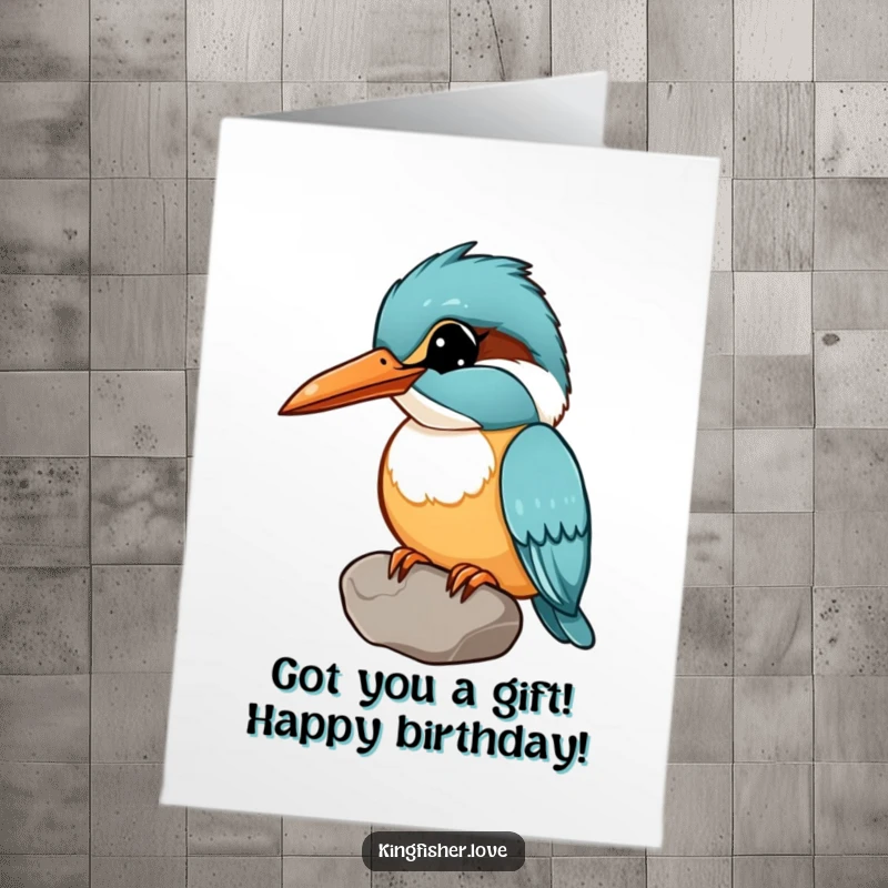 Funny Free Printable Birthday Card: A kingfisher tilts its head curiously, holding a shiny pebble in its beak.