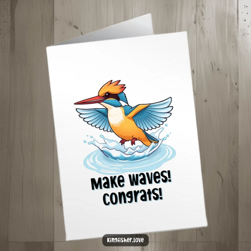 Funny Free Printable Congratulations Card of a kingfisher rapidly flapping its wings, making a playful water splash.