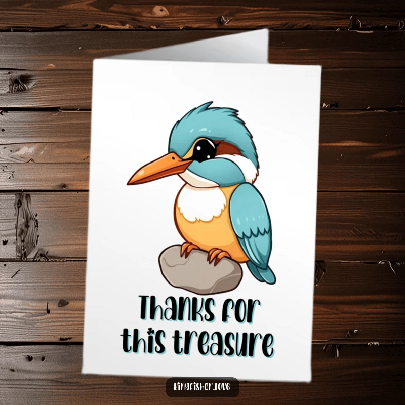 Funny Free Printable Thank You Card of a kingfisher with a curious head tilt, holding a shiny pebble in its beak.