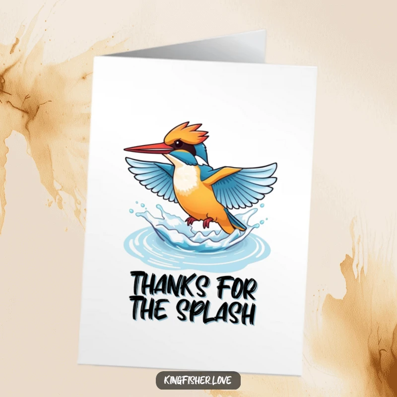 Funny Free Printable Thank You Card featuring a kingfisher flapping its wings energetically, creating a playful water splash.