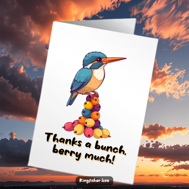 Funny Free Printable Thank You Card showcasing a kingfisher's comical attempt to balance numerous berries.