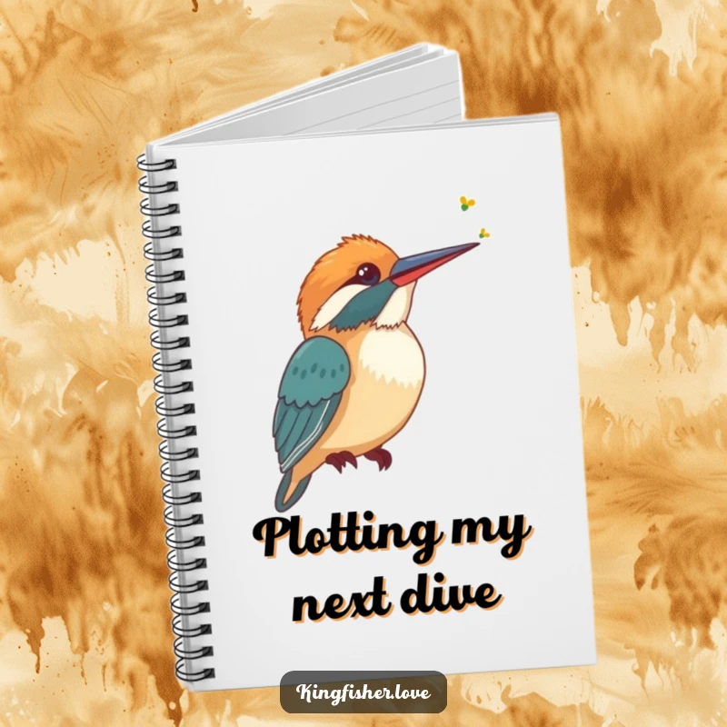 Funny Notebook featuring a stylized kingfisher tilting its head, listening intently to a faint buzzing sound, perfect for journaling.
