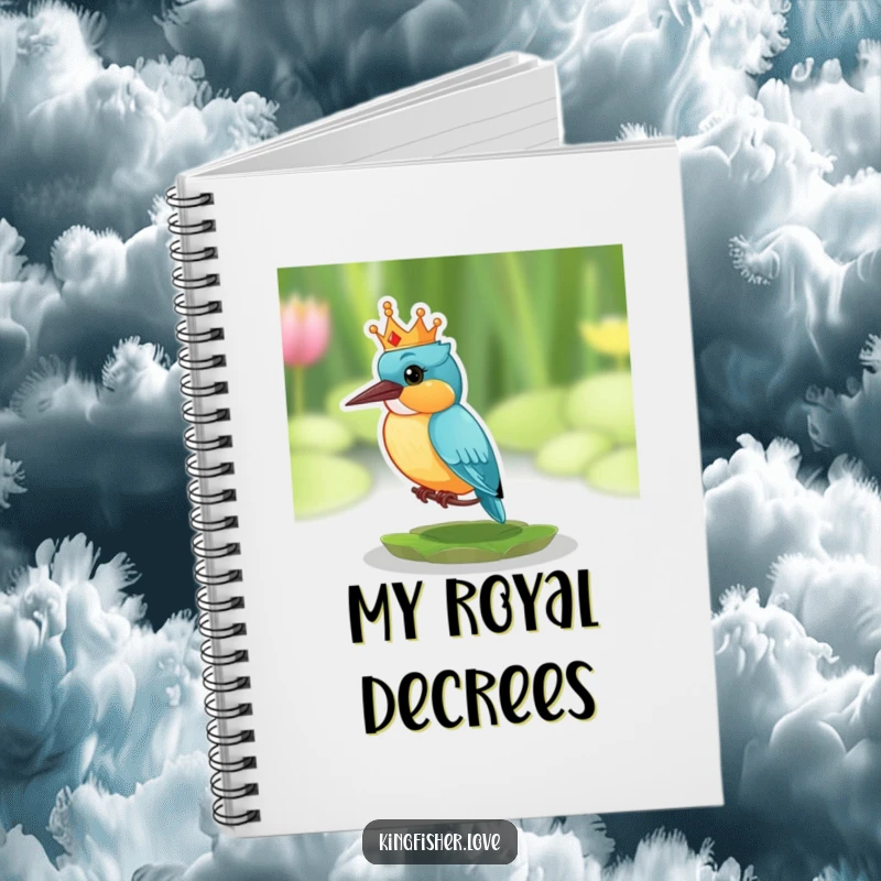 Funny notebook cover with a kingfisher wearing a tiny crown, looking surprised on a lily pad, for humorous note-taking.