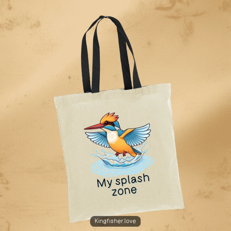 Funny tote bag with a kingfisher flapping wings rapidly, creating a playful splash of water, perfect for carrying items with energy.